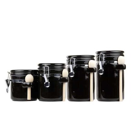 HOME BASICS 4 Piece Ceramic Canister Set with Wooden Spoons, Black CS44153